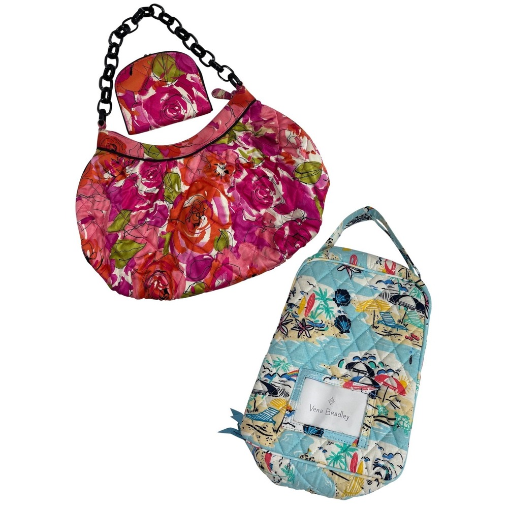 Vera Bradley Pink Floral Quilted Hobo Handbag w/ Kisslock Wallet Set & Lunchbag